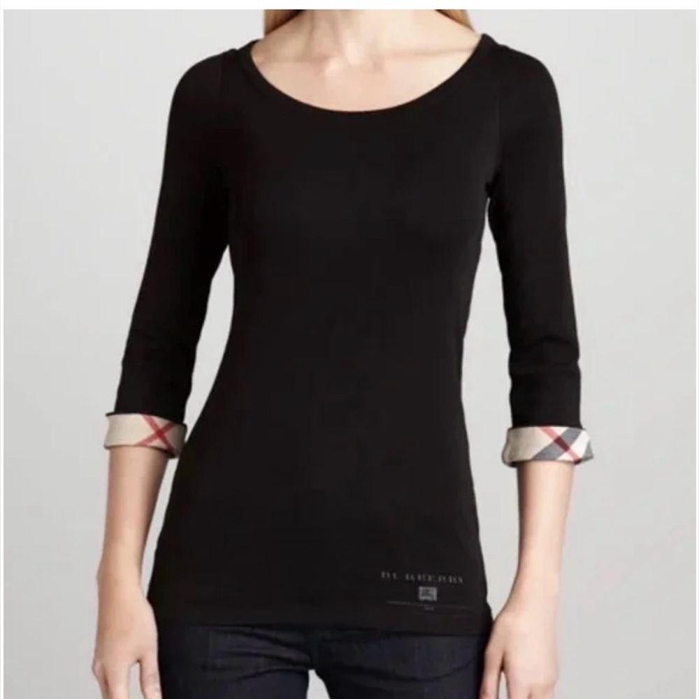 Burberry Black Long Sleeve Top with Plaid Turnback Cuffs
